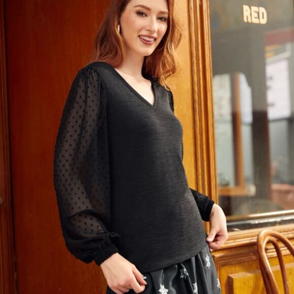 Modcloth More After Midnight Top Black Long Sleeve Sheer Polka Dot Sleeve M NWT - Picture 2 of 12